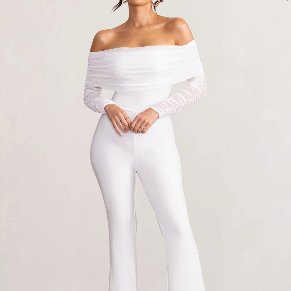 CLUB L LONDON WHISPER WHITE RUCHED MESH BARDOT JUMPSUIT